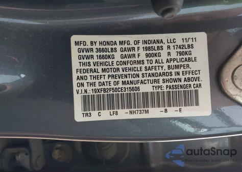 2012 Honda Civic Lx from USA, damaged, VIN 19XFB2F50CE315606